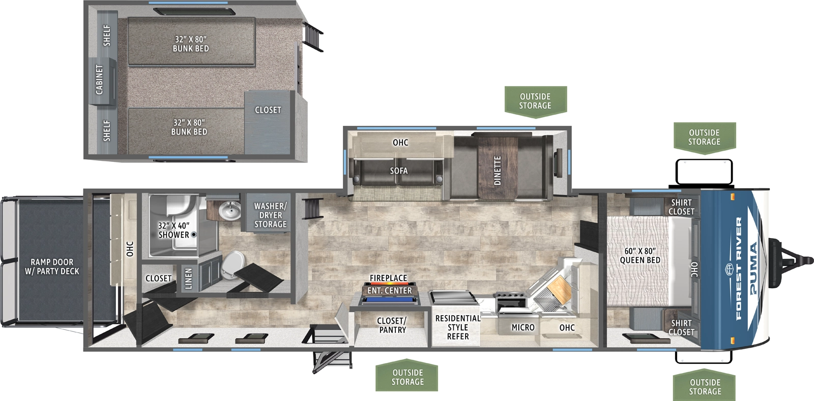 The Puma 345BHL floorplan has one entry and one slide out. Exterior features include: metal exterior and 21' awning. Interiors features include: loft and front bedroom.